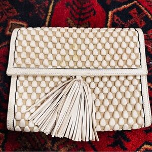 Tissa Fontaneda Cream Bubble Leather Pouchette Bag Handbag Purse with Tassel